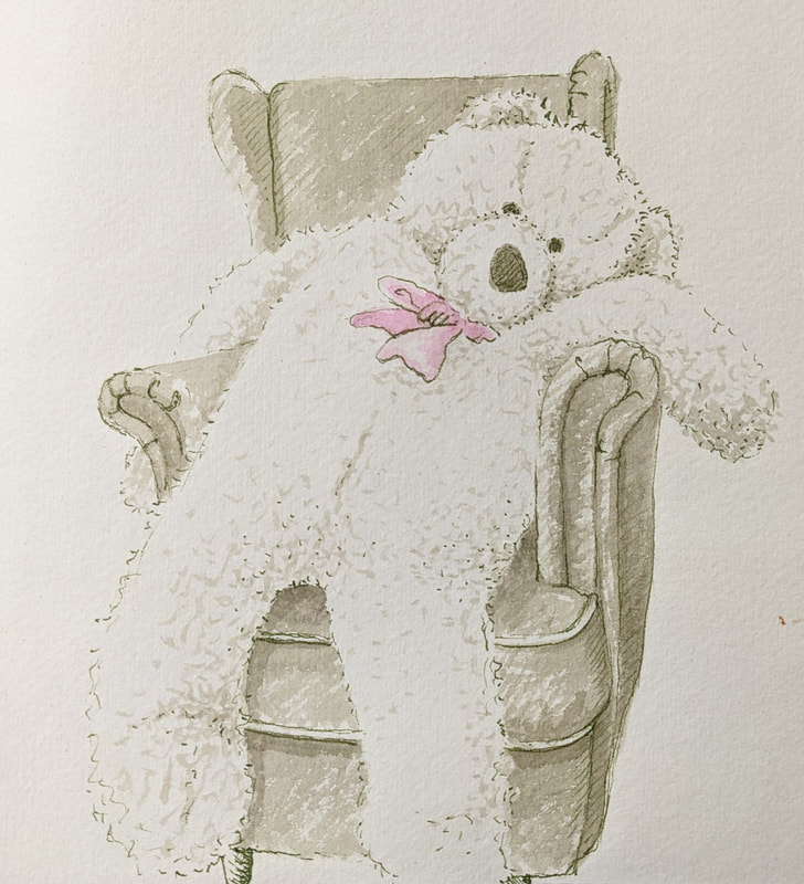 Teddy bear illustration ink drawing artist and illustrator Laurie Trenfield shropshire church stretton 