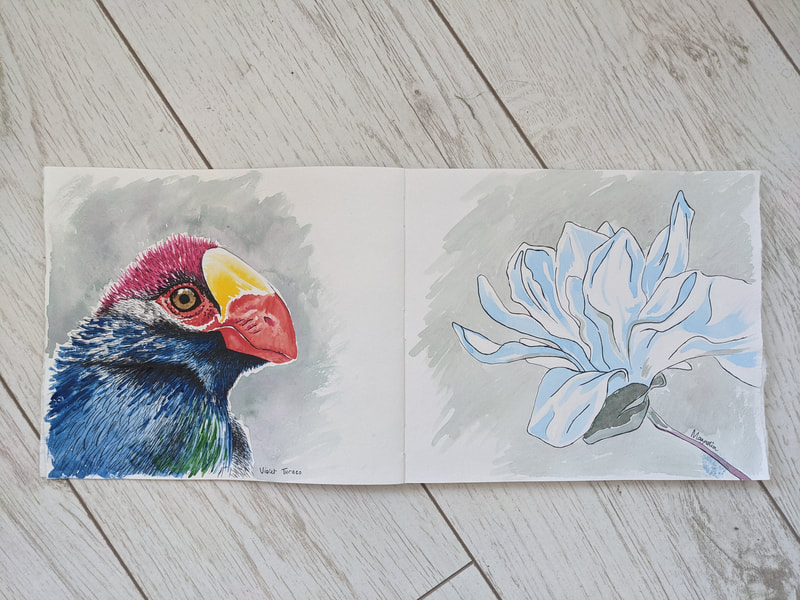 Watercolour gouache art bird magnolia tree flower botanical art illustration artist and illustrator Laurie Trenfield shropshire artist