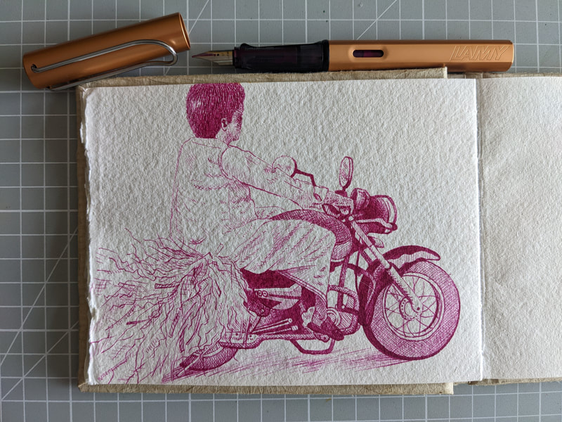 India sketchbook travel art illustration motorbike artist and illustrator Laurie Trenfield ink drawing