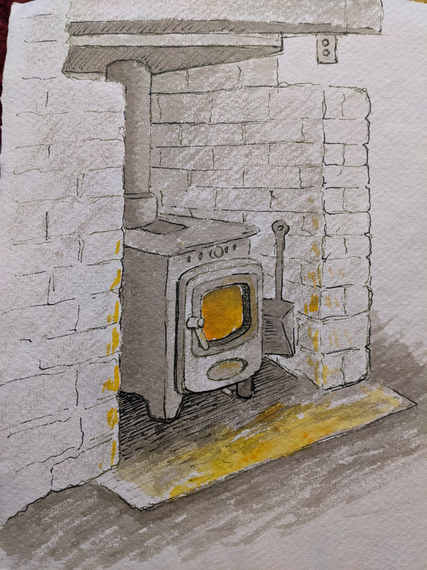 Ink sketch home interior hygge fire illustration story illustrator artist Laurie Trenfield shropshire
