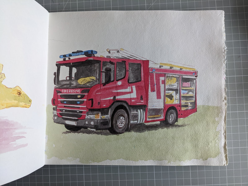 Fire truck fire engine children's illustration artwork vehicle artist illustrator Laurie Trenfield shropshire 